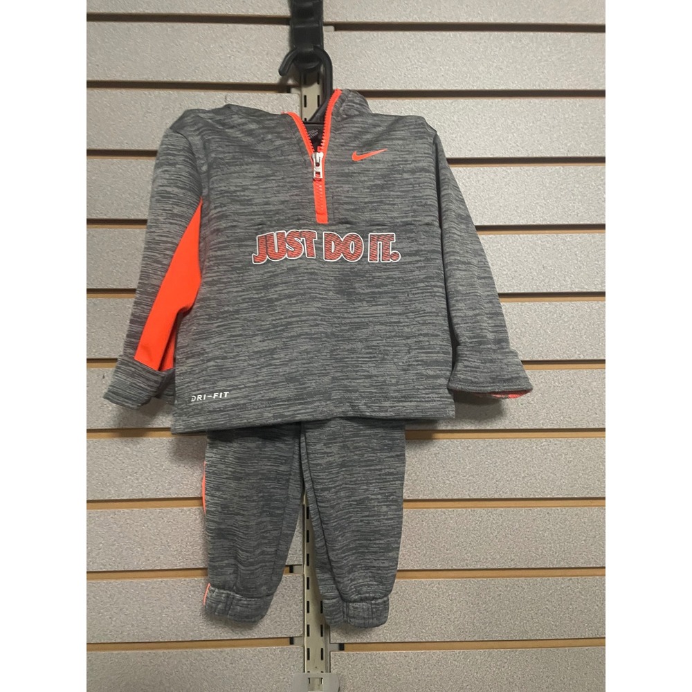 Nike Toddler Boys Girls 24M Dri-FIT Gray Orange Just Do It Hoodie Jogger Set